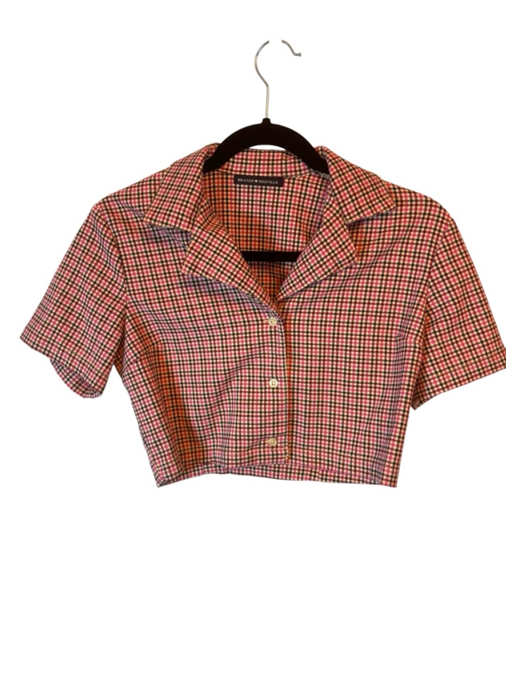 Brandy Melville Red Pink Black Plaid Cropped Button-Down Crop Top Size Small